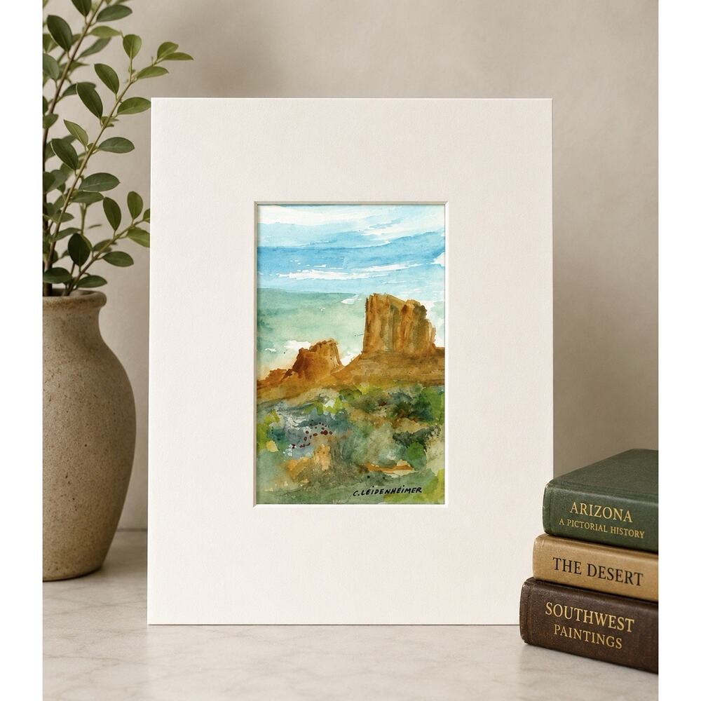 Signed C. Leidenheimer Southwestern Mesa Desert Watercolor Matted 8x10